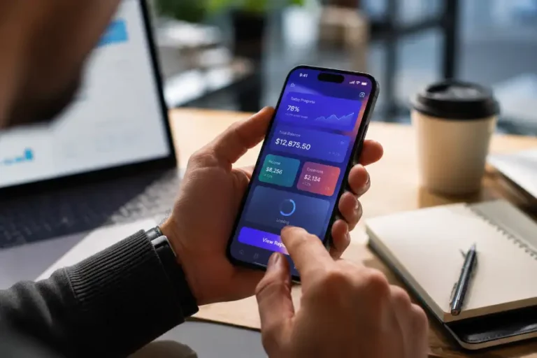 Close-up of hands holding a smartphone displaying an animated app interface with a glowing micro-interaction and loading indicator