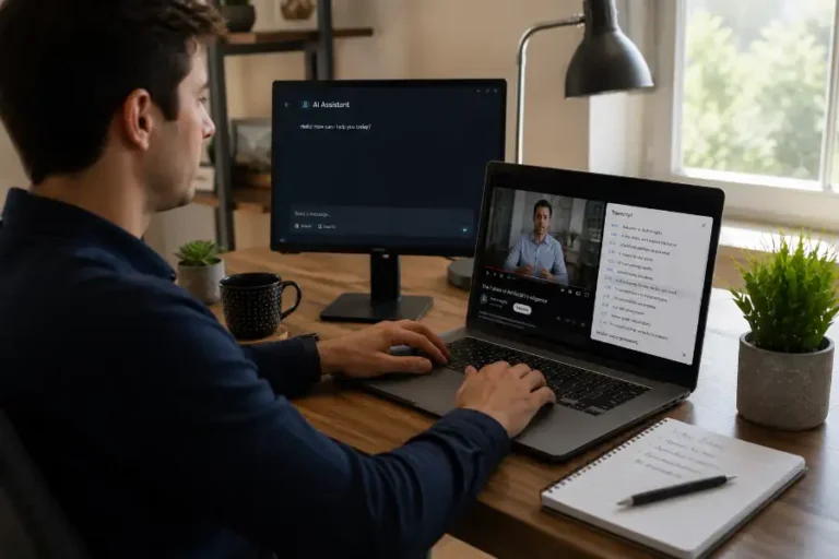 A person adding a YouTube video link and transcript into a Claude AI chat prompt on a laptop