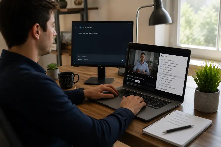 A person adding a YouTube video link and transcript into a Claude AI chat prompt on a laptop