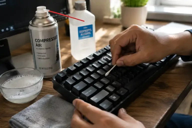 How to Clean Keyboard Keys Without Damaging Them 2 Close-up of hands cleaning keyboard keys with a cotton swab and cleaning supplies on a desk