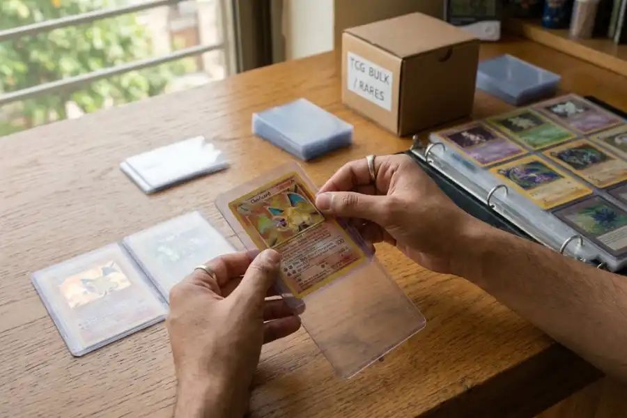 Collector's hands placing a trading card into a clear protective sleeve on a wooden desk with sleeved cards and a storage box nearby
