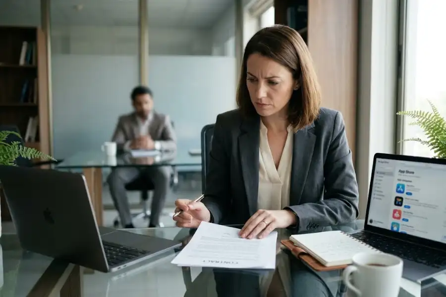 usiness professional reviewing a printed contract and app store listing on a laptop during an app development agency vetting meeting