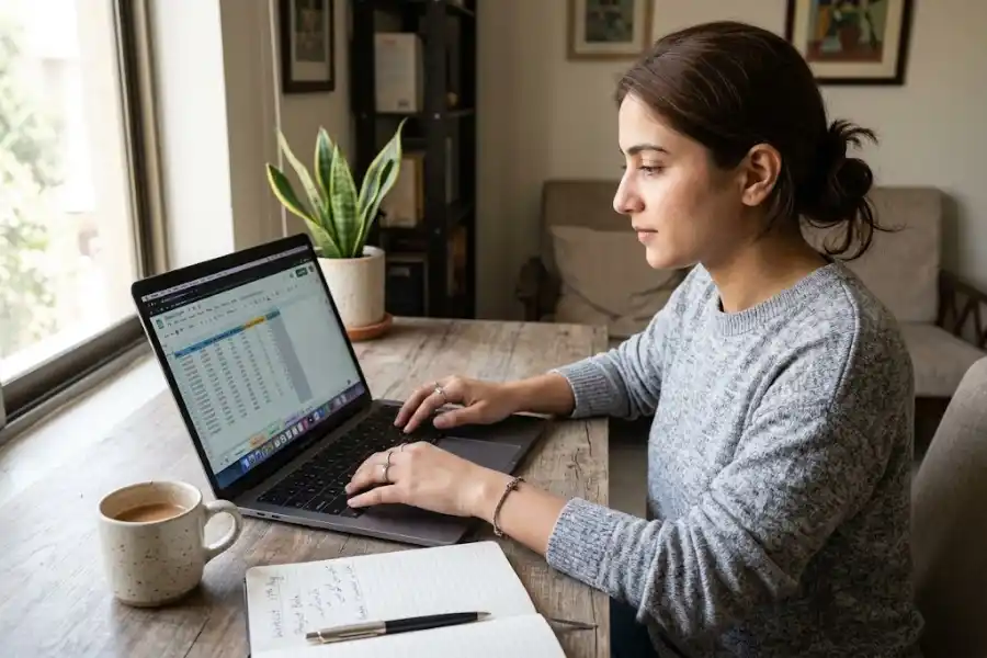 Keyboard Shortcut to Switch Between Google Sheets Tabs (All Devices) 5 Person pressing a keyboard shortcut to switch between Google Sheets tabs on a laptop