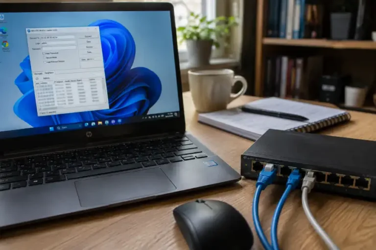 NETGEAR Plus Utility for Windows 11: How to Download, Install, and Fix It 7 NETGEAR Plus Utility software running on a Windows 11 laptop next to a connected network switch