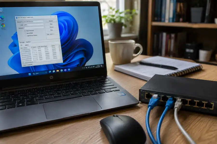 NETGEAR Plus Utility for Windows 11: How to Download, Install, and Fix It 1 NETGEAR Plus Utility software running on a Windows 11 laptop next to a connected network switch