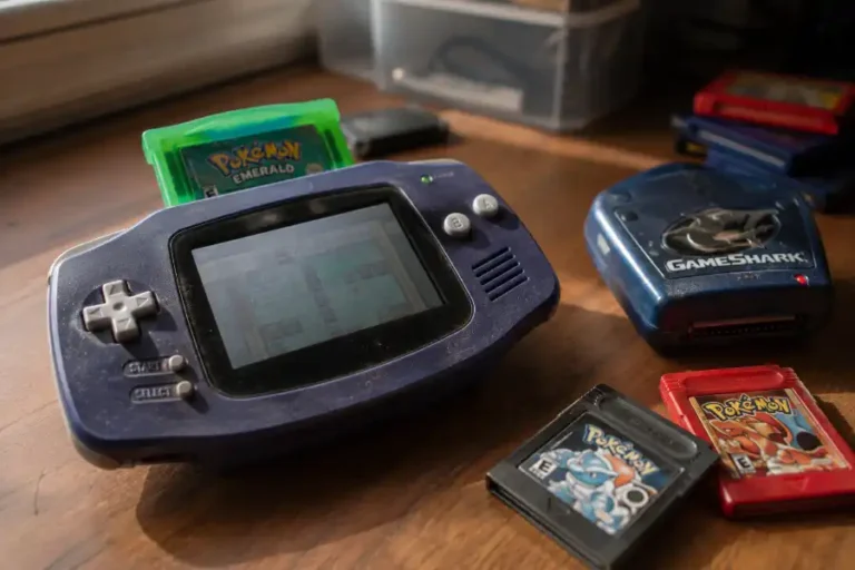 Pokemon Emerald Game Cheats: Every Working Code (2026) 2 Game Boy Advance with Pokemon Emerald cartridge and GameShark cheat device on a desk