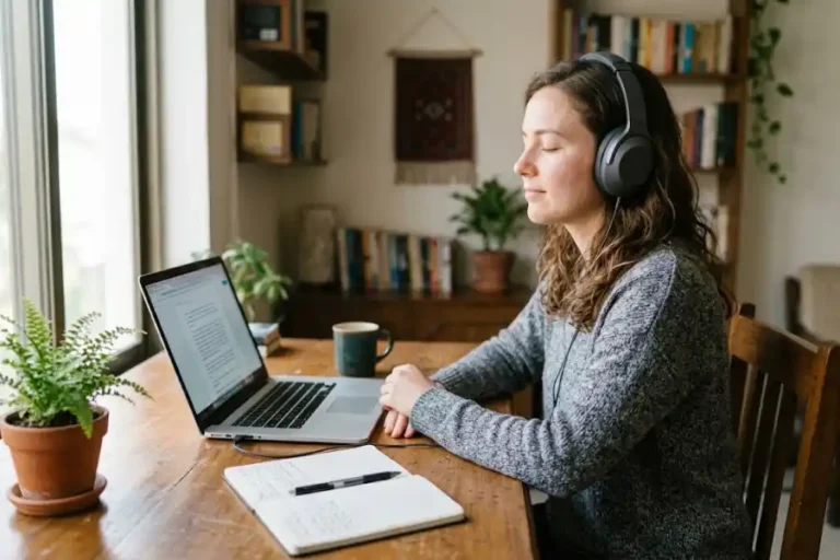 Woman using a read aloud Chrome extension to listen to an article on her laptop with headphones