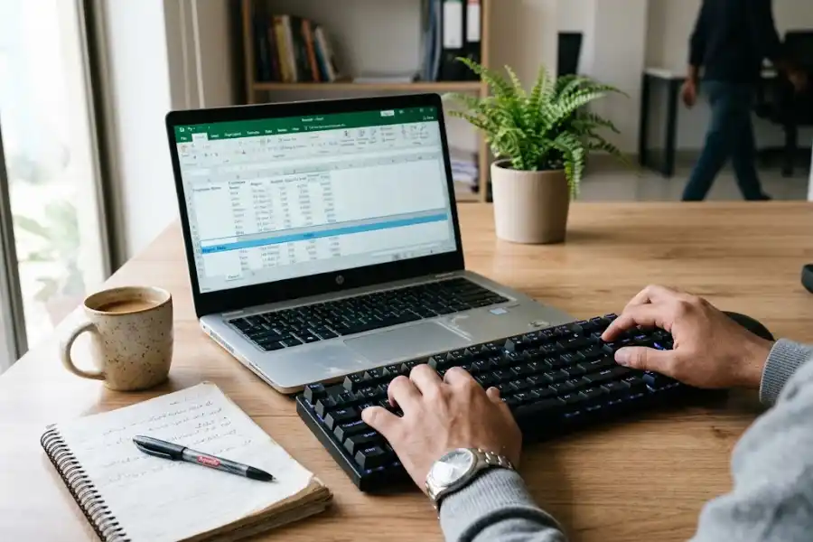 Row insert shortcut key in Excel shown on a laptop screen with hands on the keyboard