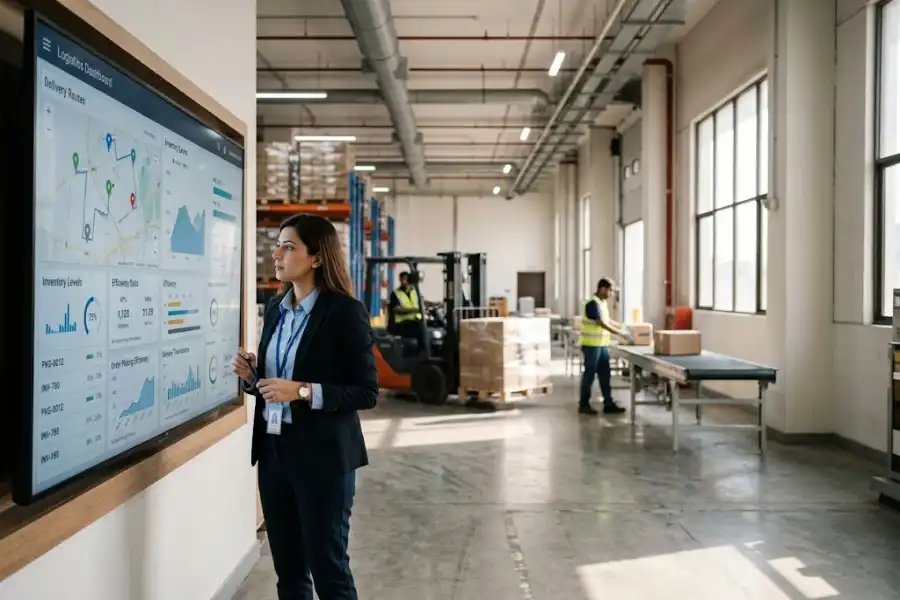 Warehouse manager reviewing real time operations dashboard in a modern logistics facility