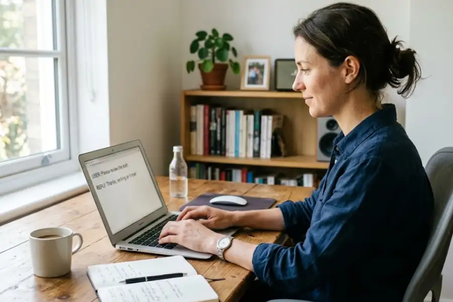 Person writing a clear instruction prompt for an AI model on a laptop
