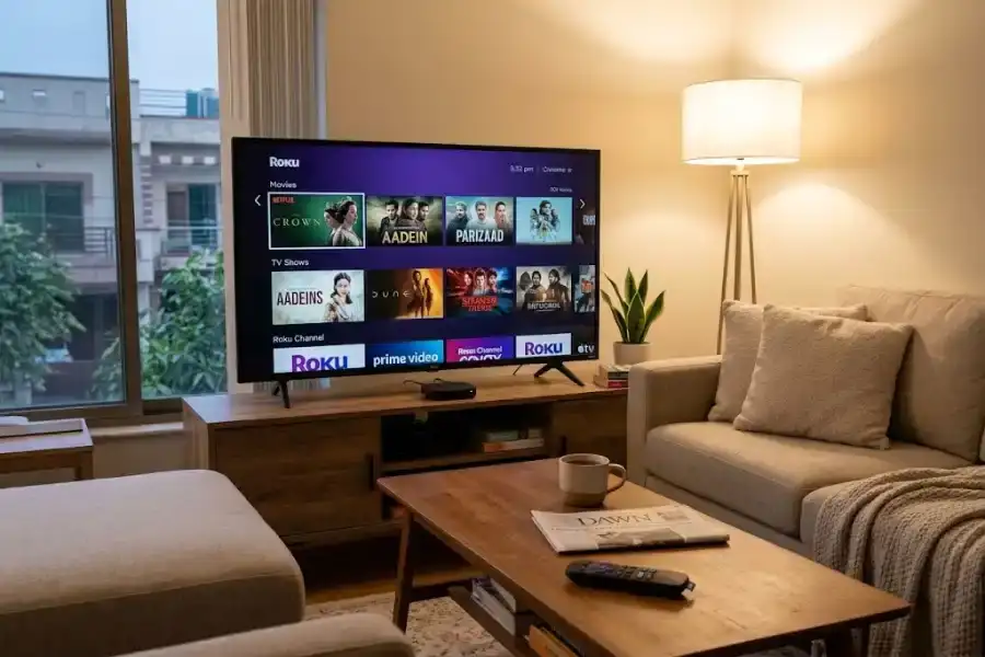 10 Hidden Roku Features You're Probably Not Using: Easy Tips for Better Streaming 3 Roku streaming device and remote beside a modern television showing a streaming menu.