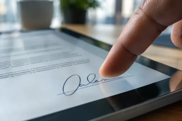 Finger signing a digital document on a tablet screen.