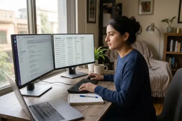 Agents Broke Your Access Model and Nobody Filed a Ticket 9 Support engineer at a desk reviewing a ticket dashboard and an access log table on two monitors