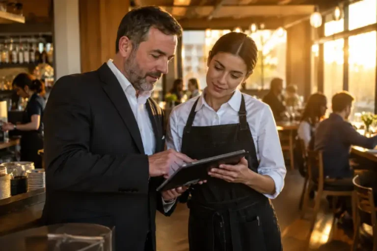 A restaurant manager in a suit and a waitress in an apron reviewing orders together on a digital tablet in a busy dining room.
