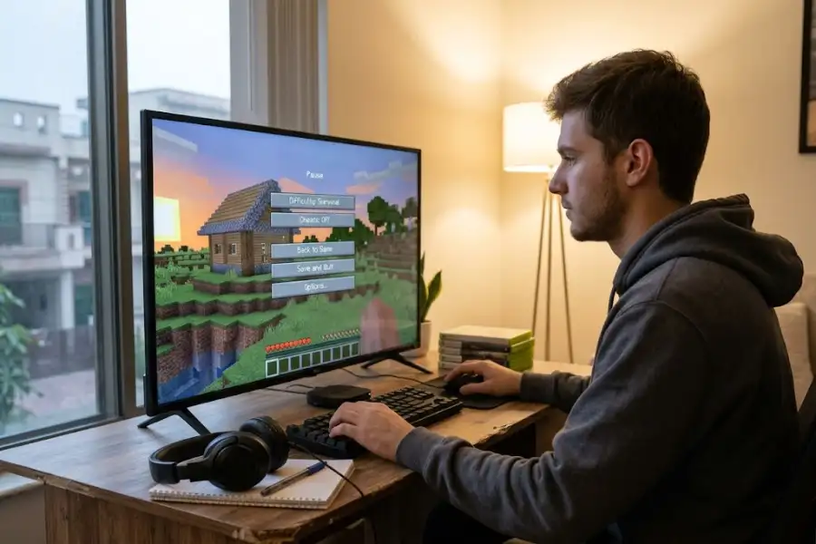 Minecraft player checking the difficulty and cheats options in the game's pause menu on a home computer