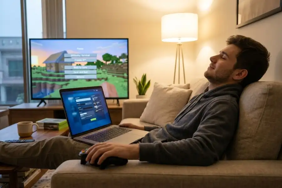 A person relaxing on a couch redeeming an Xbox gift card code on a laptop next to a game controller