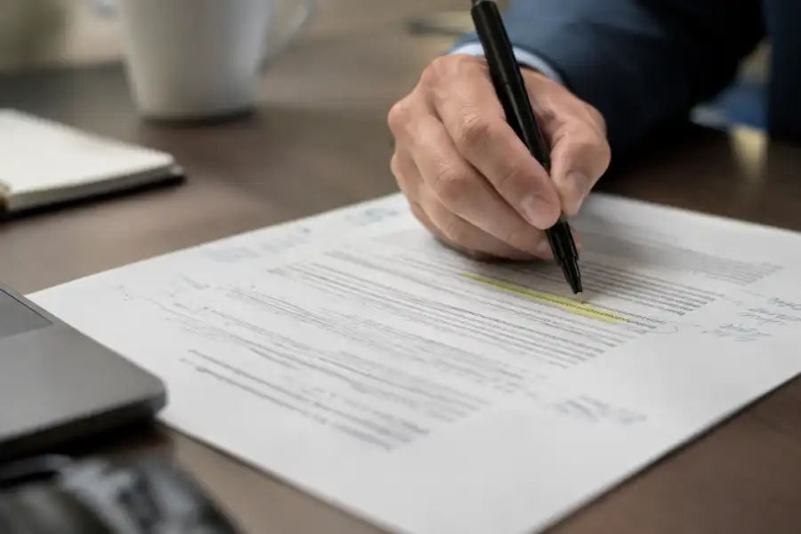 Close-up of a person's hand using a black pen to review and underline printed text on a paper document at a desk.