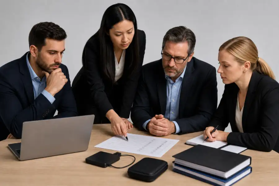 How Small and Midsize Businesses Can Build a Recovery Plan That Works Beyond Routine Backups 1 Four business professionals reviewing documents and discussing a project around a conference table.