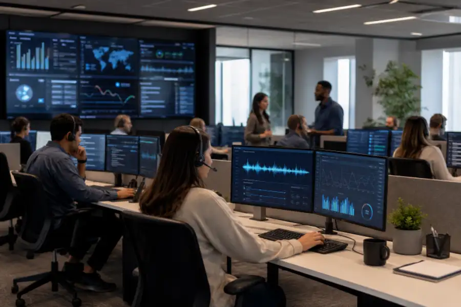 Modern operations center with employees monitoring data dashboards across multiple computer screens.