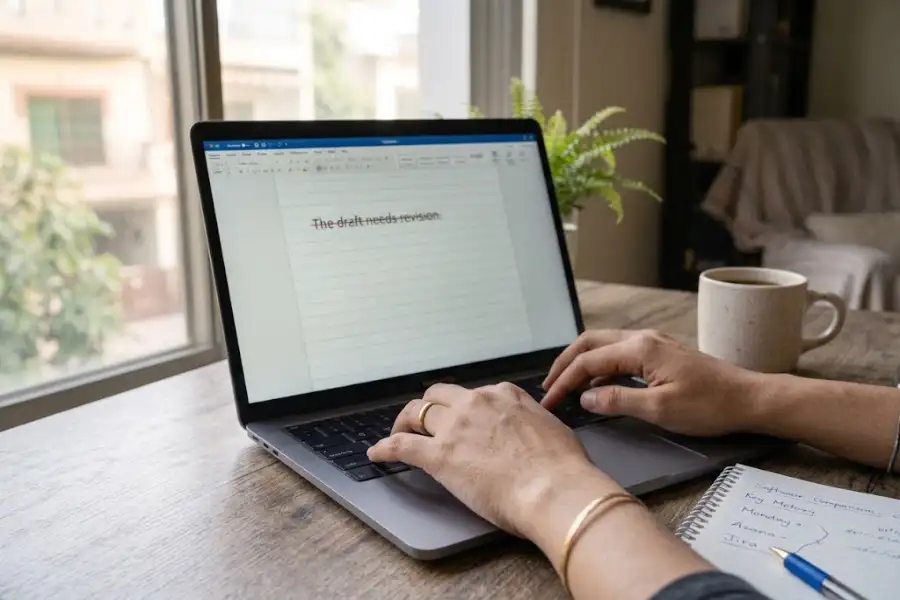 Close-up of hands typing on a MacBook keyboard with the Command, Shift, and X keys visible