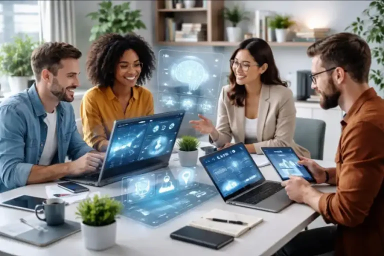 The AI Skills Divide Is Growing: What Employees and Businesses Need to Learn Next 2 Team of professionals collaborating on a digital technology project using laptops and tablets.
