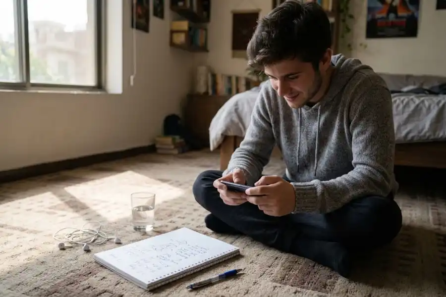 Teen holding a phone beside a notebook with handwritten Vault of Secrets Geometry Dash codes