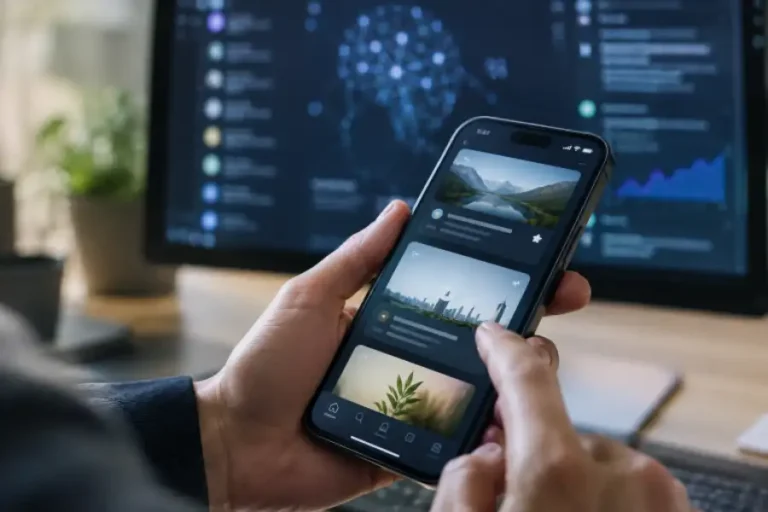 Person using a smartphone to browse images and information in front of a computer screen.