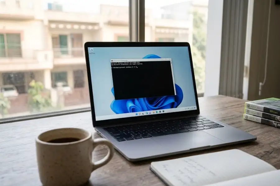 Laptop screen showing the Windows restart command typed into Command Prompt with a Windows 11 desktop in the background