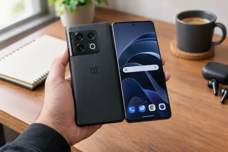 OnePlus 10 Pro held in hand on a desk showing the Hasselblad triple camera, one of its hidden features