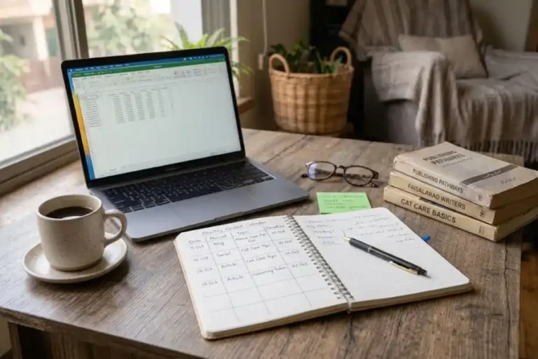 Open notebook with a handwritten content calendar beside a laptop, coffee cup, and a stack of paperback books on a wooden desk