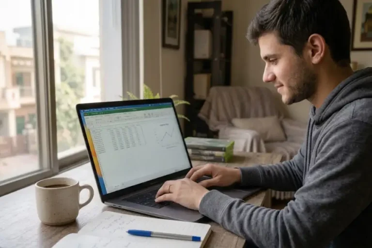 Excel Keyboard Shortcuts: 50+ Time-Saving Keys for Windows and Mac 2 Person using Excel keyboard shortcuts on a laptop to work through a sales spreadsheet at a desk