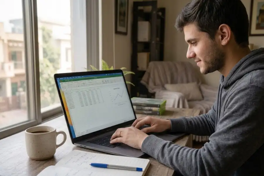 Person using Excel keyboard shortcuts on a laptop to work through a sales spreadsheet at a desk