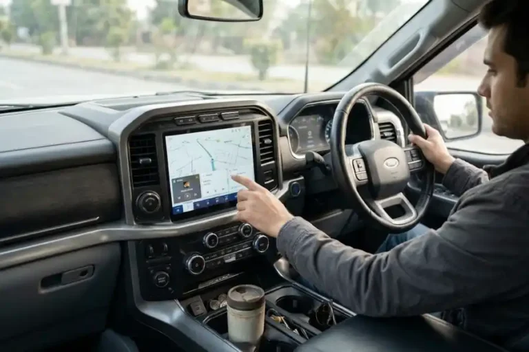 Driver touching the SYNC 4 touchscreen inside a Ford truck to find Ford SYNC 4 hidden features