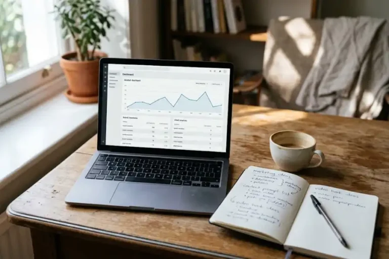 Laptop on a desk showing an AI visibility dashboard with brand mention charts, next to a notebook with handwritten prompt ideas