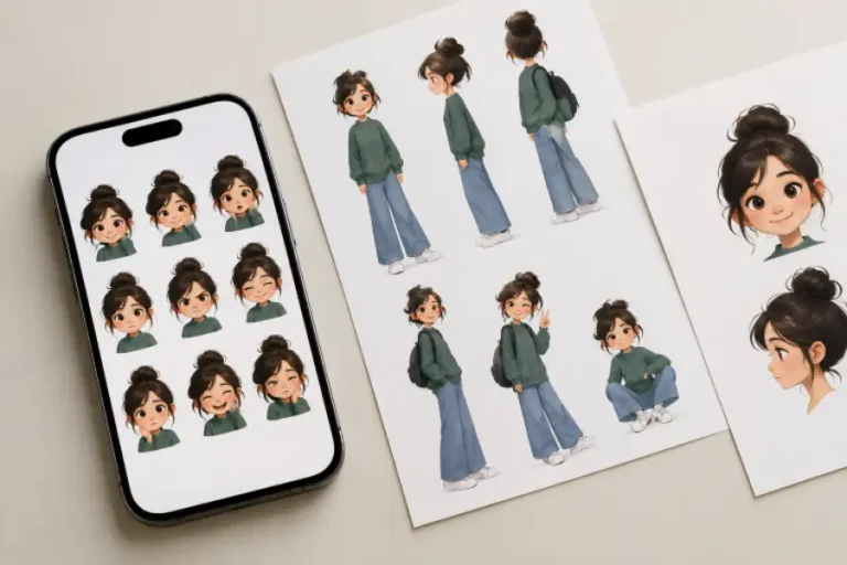 Digital character illustrations showing different poses and facial expressions displayed on a smartphone and printed sheets.