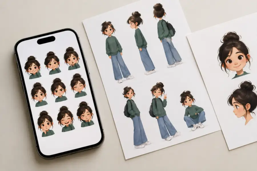 Digital character illustrations showing different poses and facial expressions displayed on a smartphone and printed sheets.