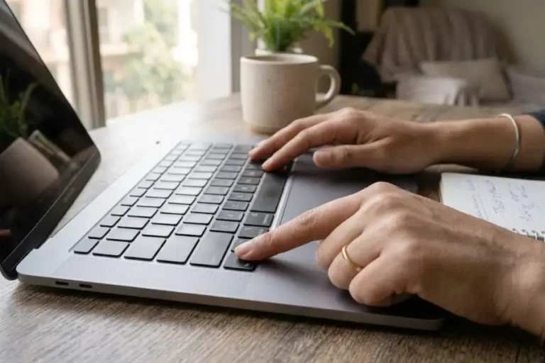 A woman's hand pressing the Fn key on a silver laptop keyboard on a wooden desk