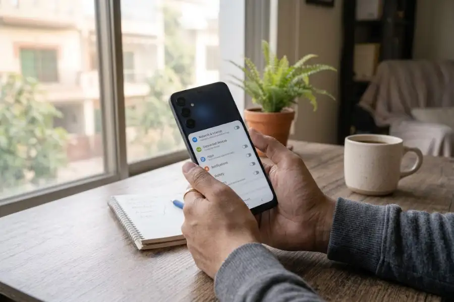 Person holding a Samsung Galaxy A15 5G and opening the Settings menu at a wooden desk